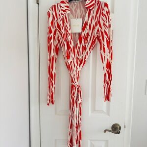 Diane Von Furstenberg Red and White Long Sleeve Wrap Dress